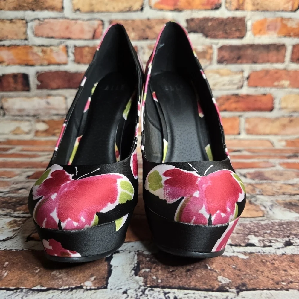ELLE Jessica Black Satin Butterfly Wedge Platforn Pumps Size 6 Like New